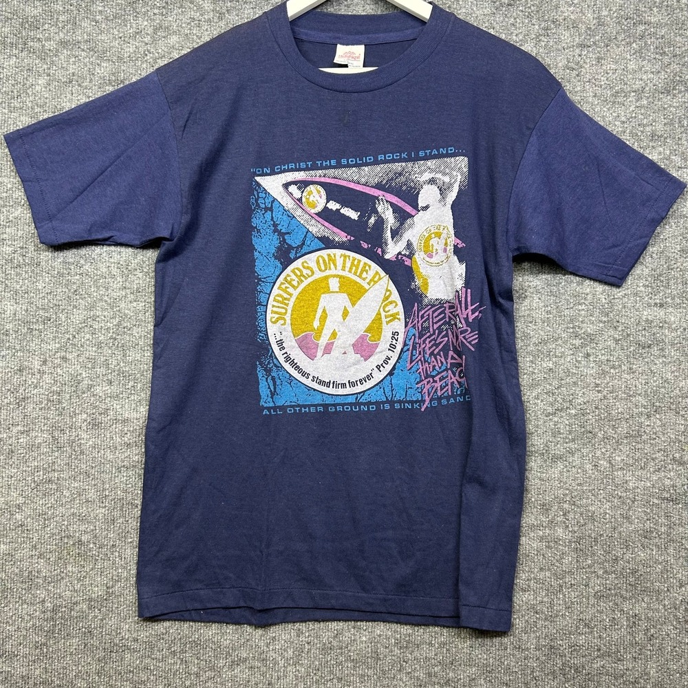VTG Healthknit Surfers On The Rock T-Shirt Men's Blue Graphic Single Stitch - L
